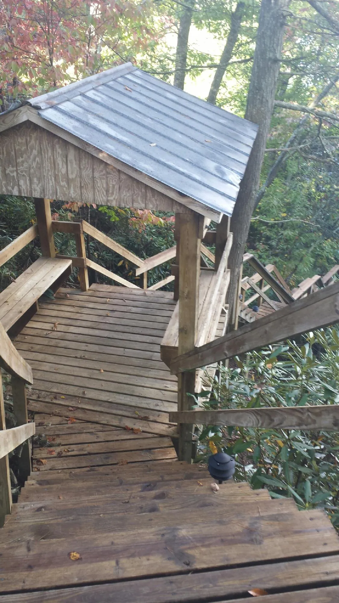 Metal roofed shelter over wooden steps on a wooded walkway — Skylight Repair & Installation work by our crew in Seaton